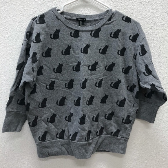 Forever 21 Sweatshirt Top Black Cat Pattern - Picture 1 of 6